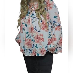 Giddy Up Glamour Floral Lace-Up Blouse Bel Sleeve Boho Top Medium